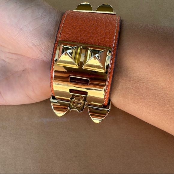 Hermes Collier De Chien Leather Gold Orange Bracelet Small - Picture 3 of 11